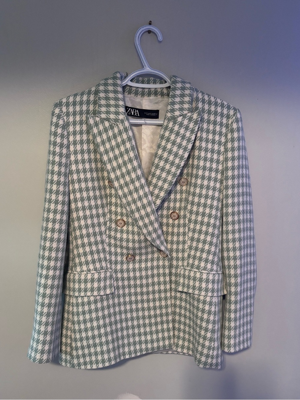 Zara Houndstooth Plaid Double Breasted Blazer Sea Green Tailored Blazer Medium - Picture 4 of 11